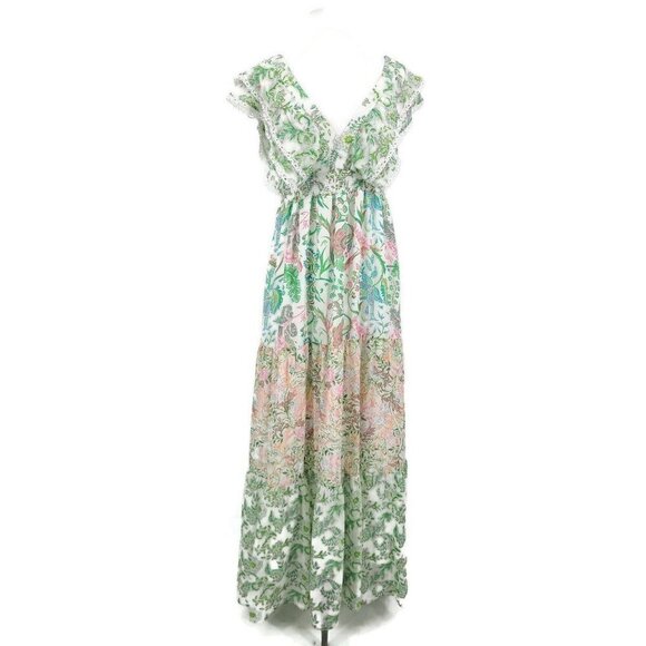 New House of Harlow Floral Maxi Dress Womens Medium Green Pink Tiered Revolve - Picture 1 of 8